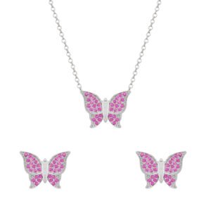 Conjunto Prateado de Borboletas Cravejado de Zircônia Rosa